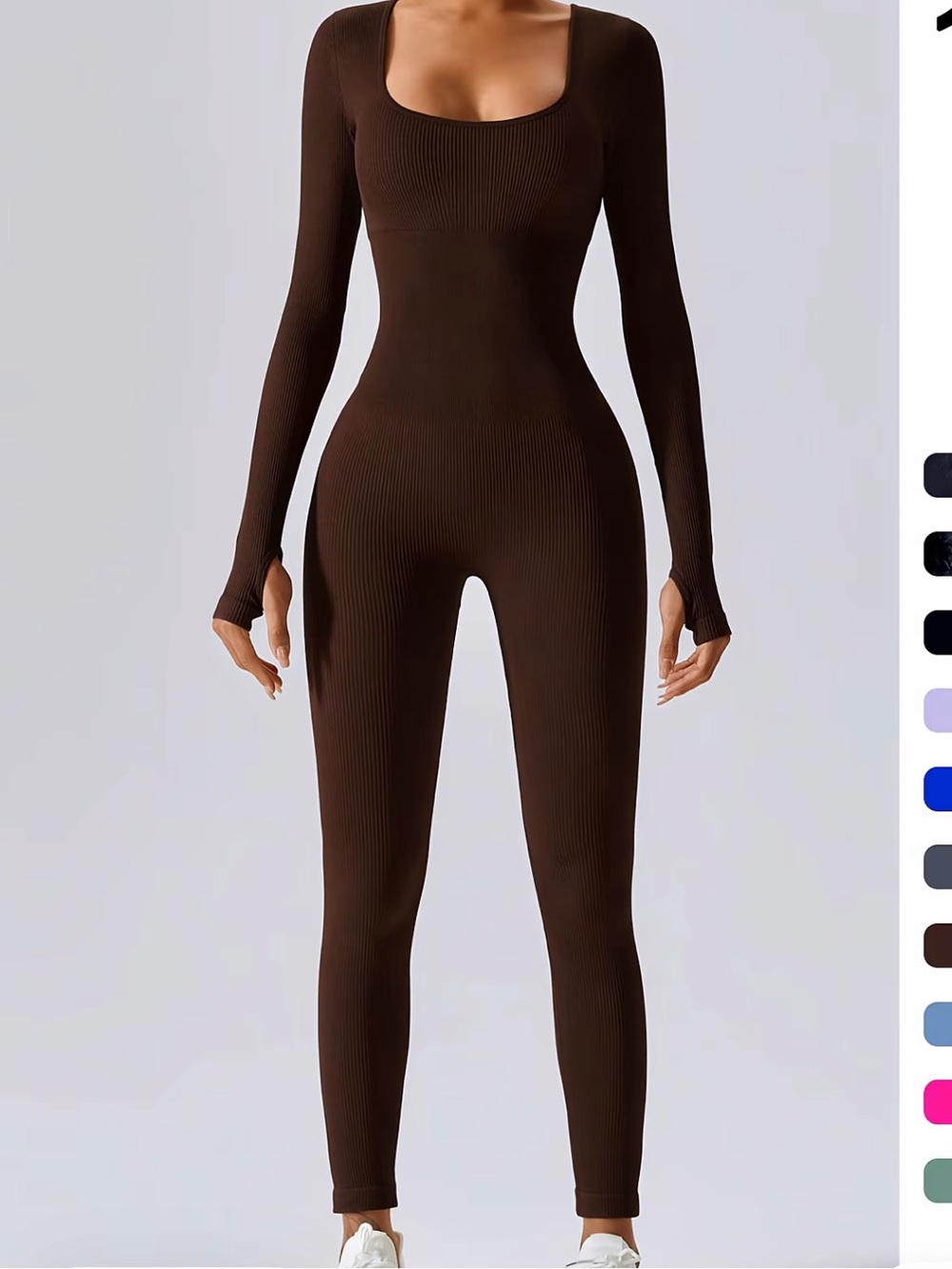 2 🤩 Sculpting Ribbed Scoop-Neck Jumpsuit — Brown and Black